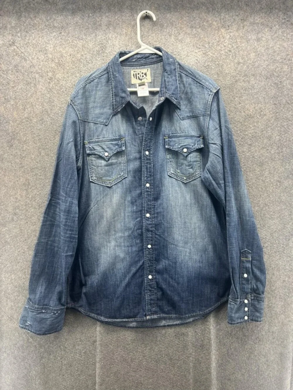 True Religion Shirt Men XL Blue Denim Snap Button Western Casual Cowboy USA VTG